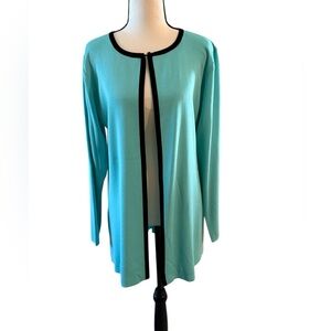 Misook | Aqua Open Front Cardigan with Black Trim
